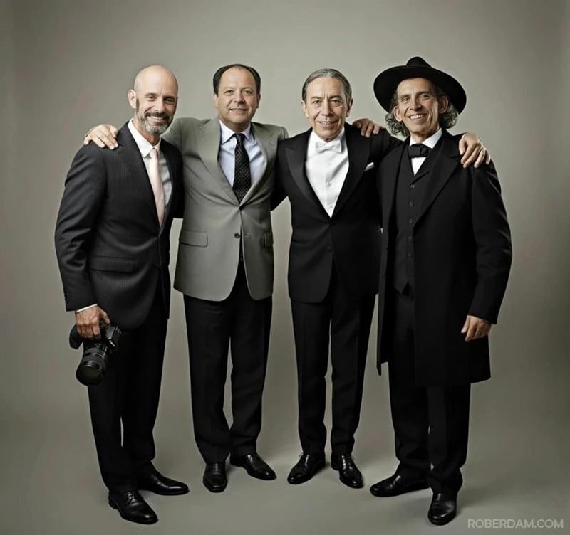 Retrato grupal entre Rober Dam, Jose Asuncion Flores, Mangore y Manuel Ortiz Guerrero