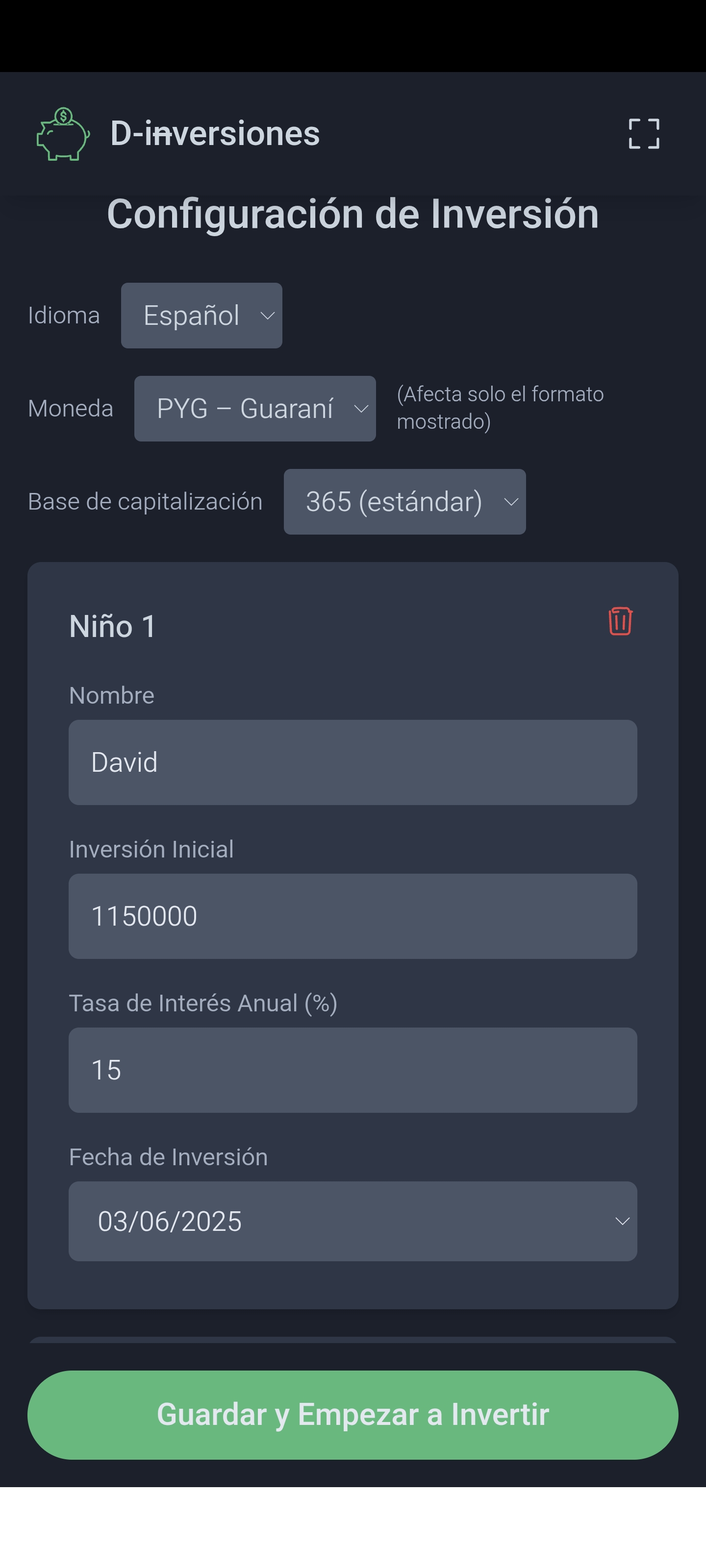 Pantalla de configuracion